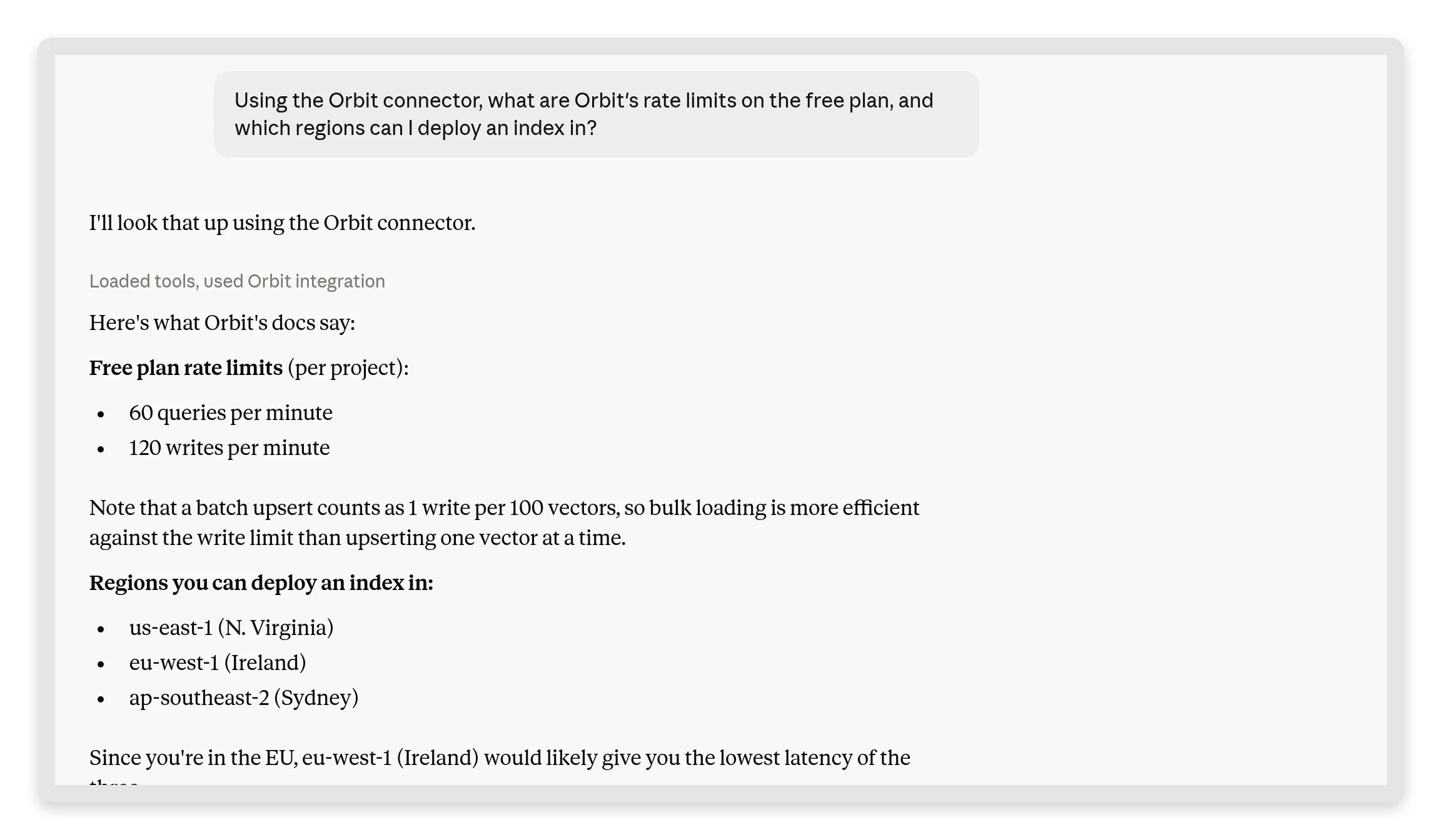 A Claude conversation where Claude uses the Orbit connector and answers with Orbit's free-plan rate limits and regions from the knowledge base
