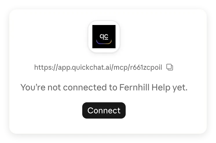 Claude showing that Fernhill Help has been added but is not connected yet, with a Connect button