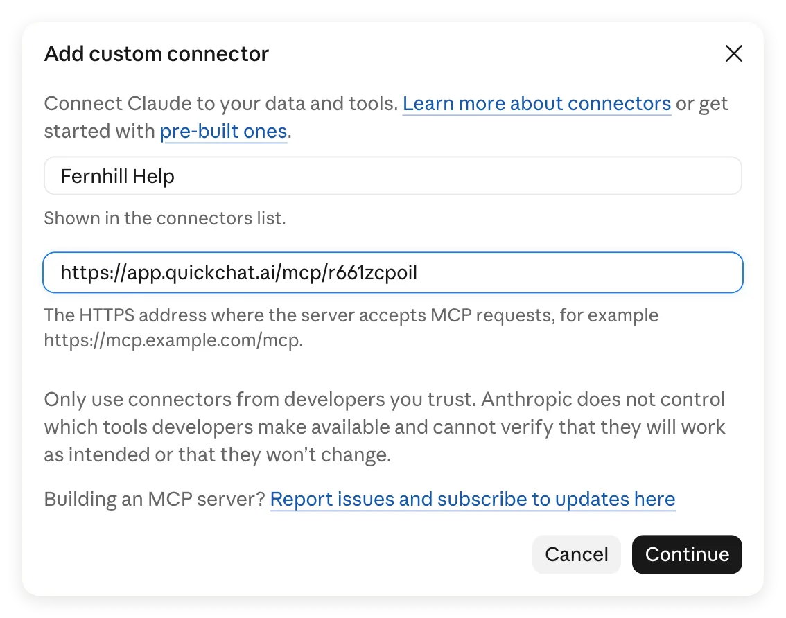 Claude Add custom connector form filled with Fernhill Help and its hosted Quickchat AI MCP server URL