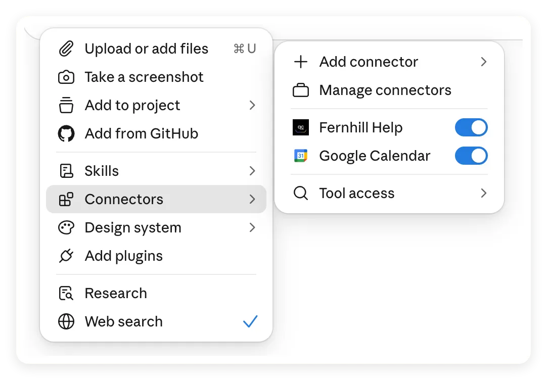 Claude chat Connectors menu with Fernhill Help enabled