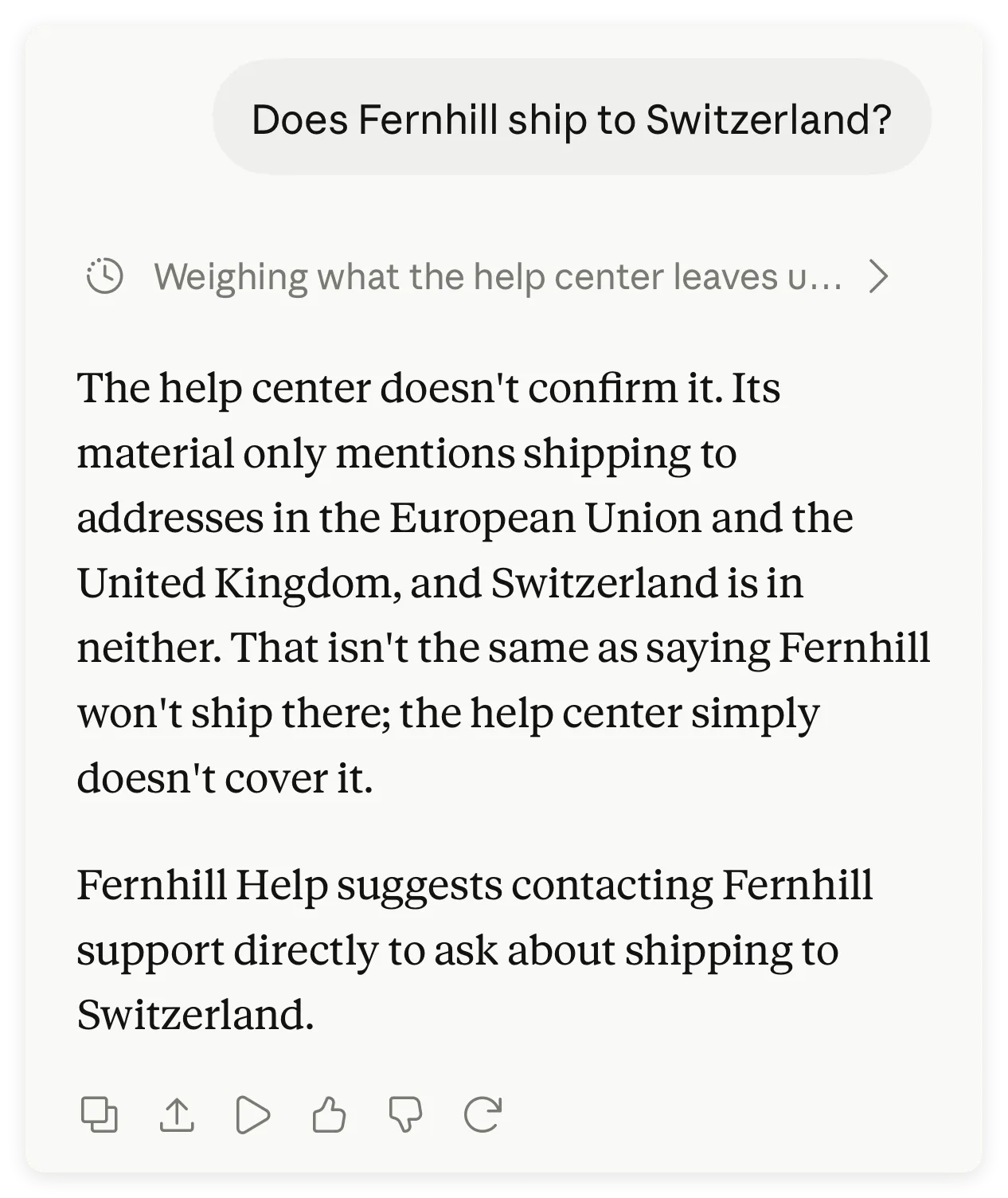 Excerpt of the same Fernhill conversation on iPhone showing the Switzerland question and Claude’s answer that the destination is unconfirmed
