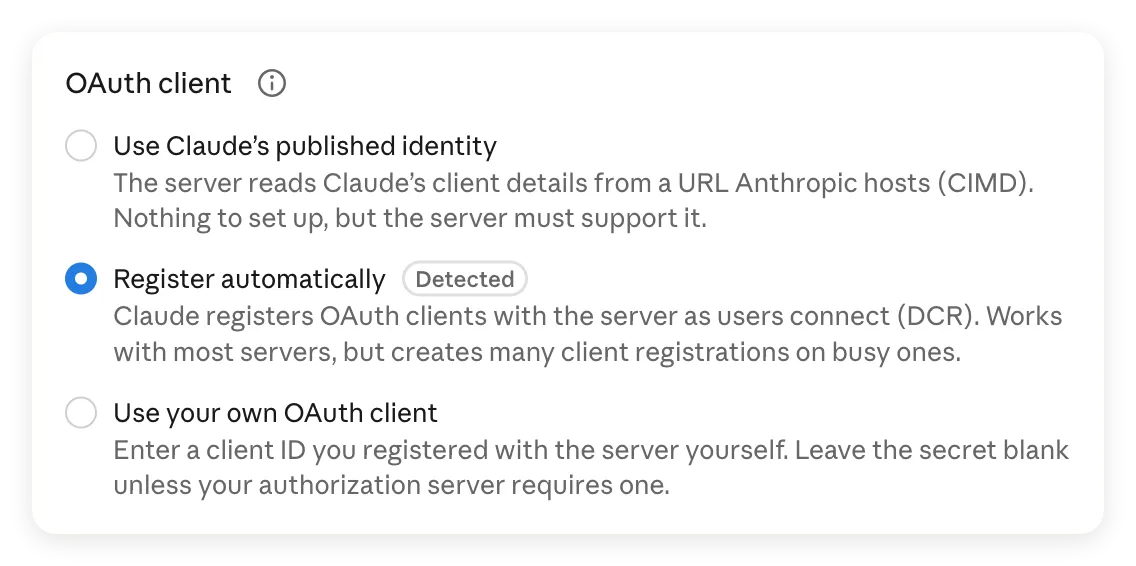 Claude OAuth client options with Register automatically selected and marked Detected