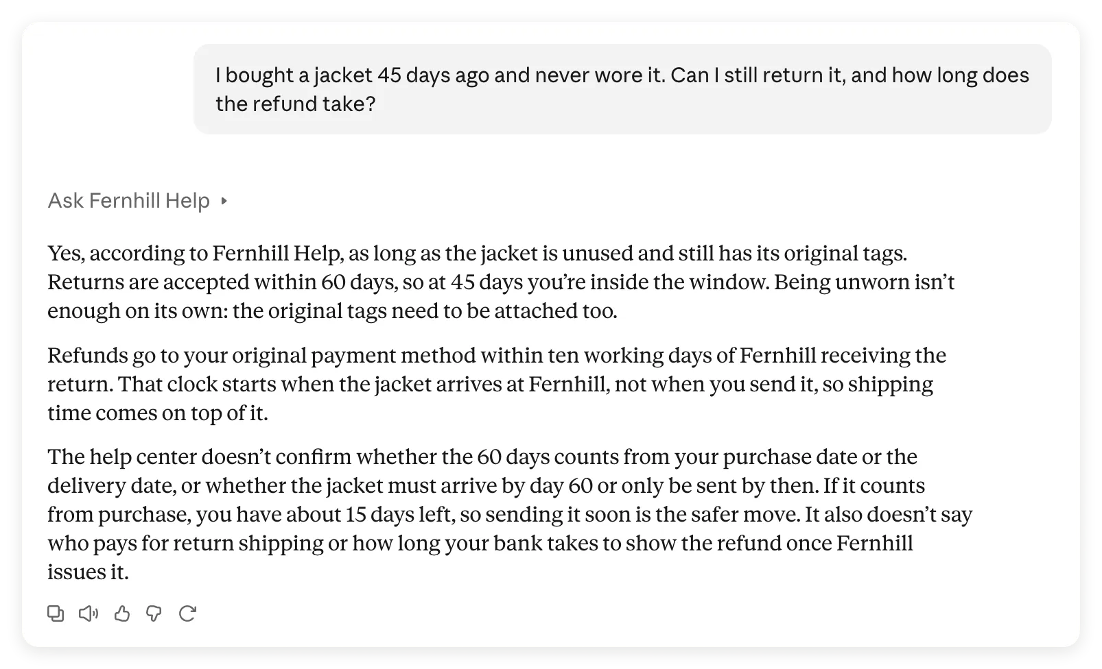 Claude’s completed jacket-return answer giving the 60-day window, original-tags requirement and refund timing, and additionally saying the tags must be attached