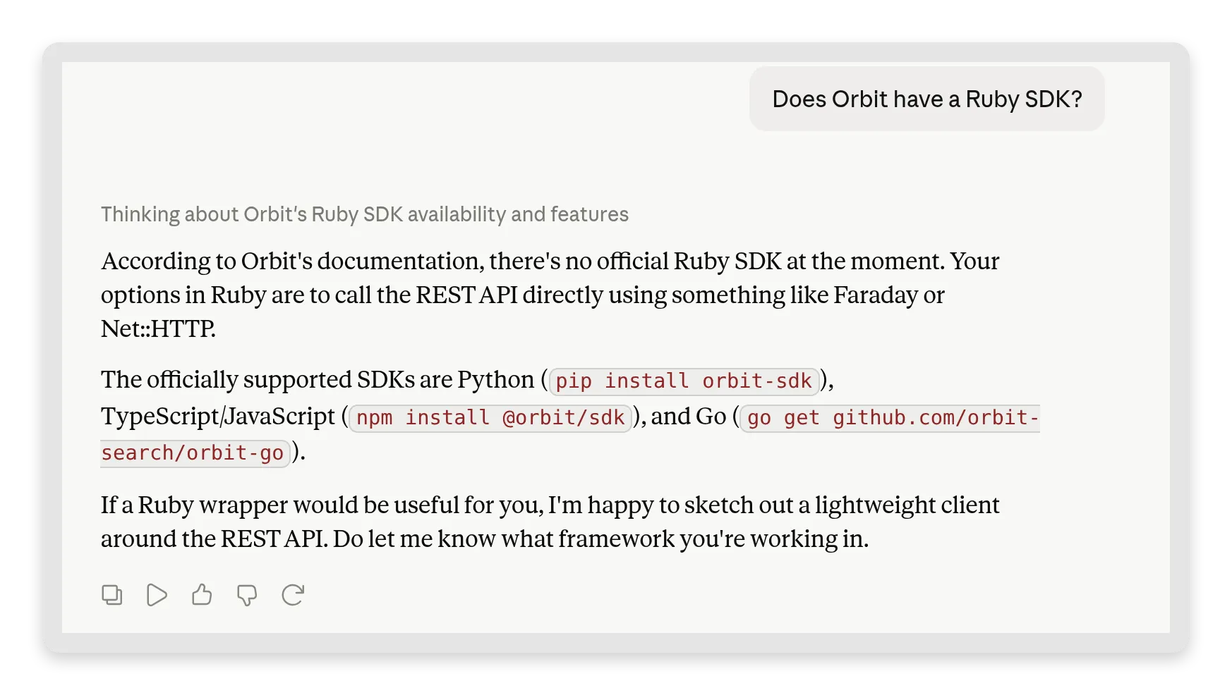 A Claude conversation answering that Orbit has no official Ruby SDK, suggesting the REST API from Ruby via Faraday or Net::HTTP, and correctly listing the real Python, TypeScript and Go SDKs