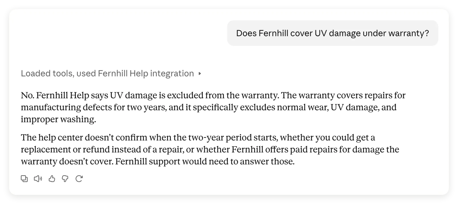 Claude answering the UV damage question after using Fernhill Help, retaining the warranty exclusions and noting unspecified details