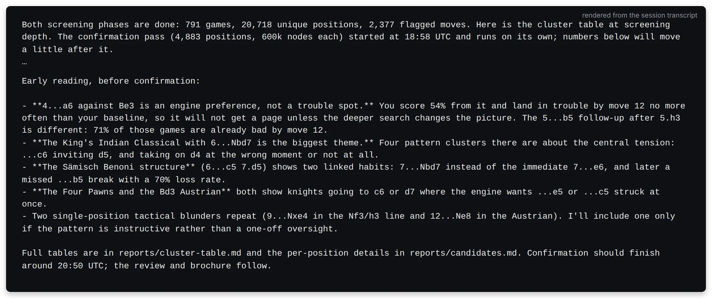 Terminal output of the session's reading of the cluster table before confirmation: 4...a6 against Be3 is an engine preference, the King's Indian Classical with 6...Nbd7 is the biggest theme, and two single-position tactical blunders repeat
