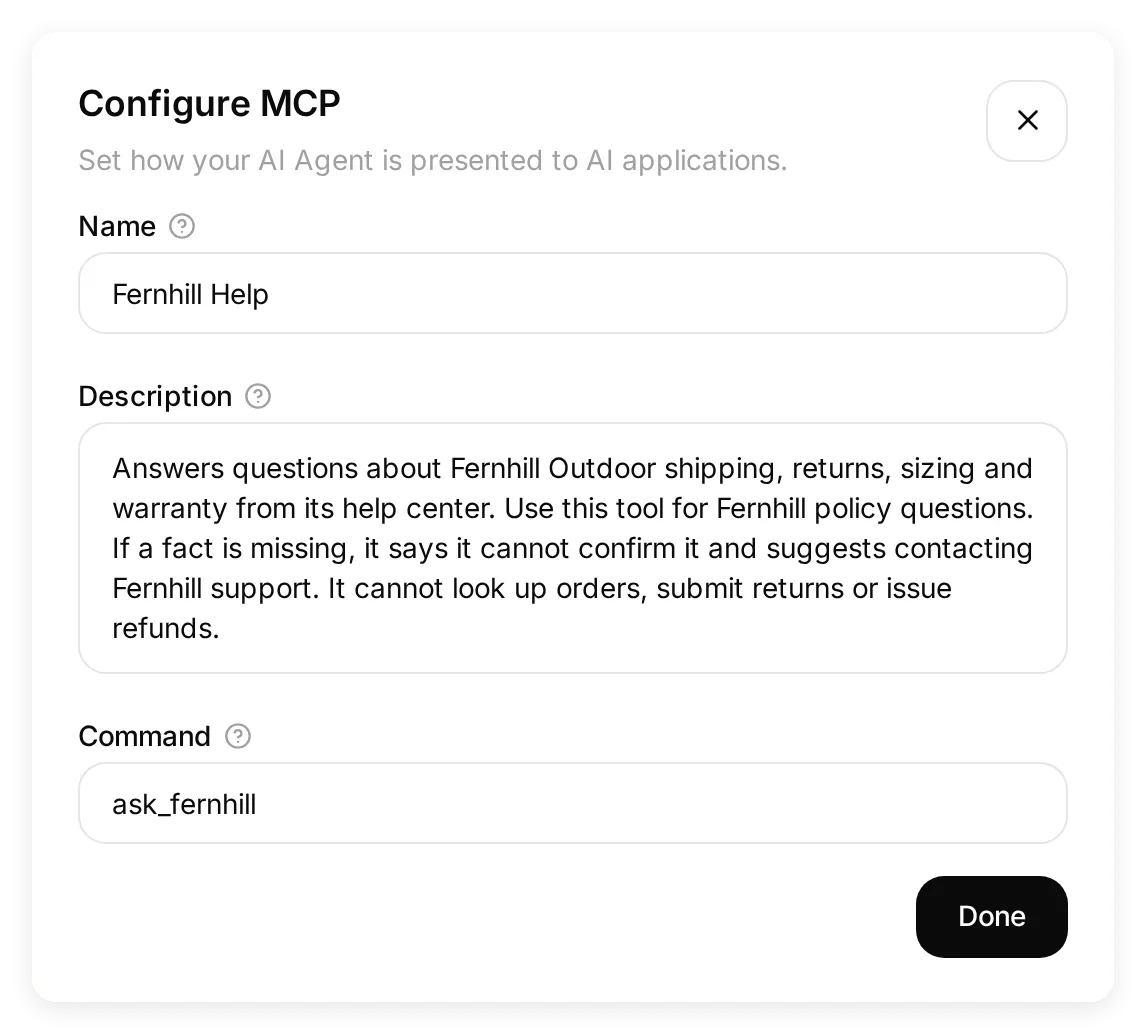 Configure MCP dialog showing Fernhill Help, its policy-answering description and the ask_fernhill command