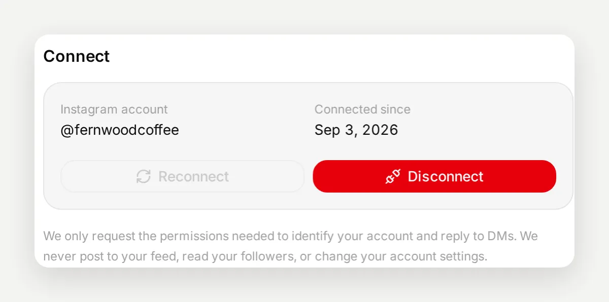 The Quickchat AI Instagram panel showing the connected account and the date it was connected, with Reconnect and Disconnect buttons