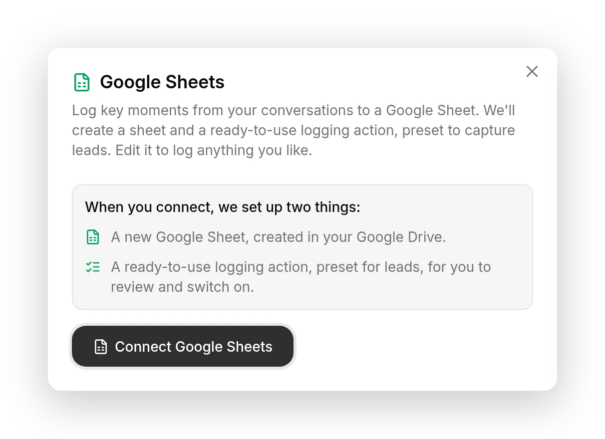 The Google Sheets connect dialog, listing the sheet and the logging action that connecting will create