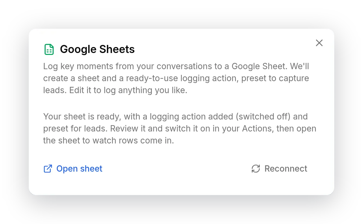 The connected Google Sheets dialog explaining the sheet and starter action are ready