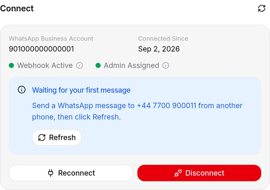 The WhatsApp panel after connecting, waiting for the first message
