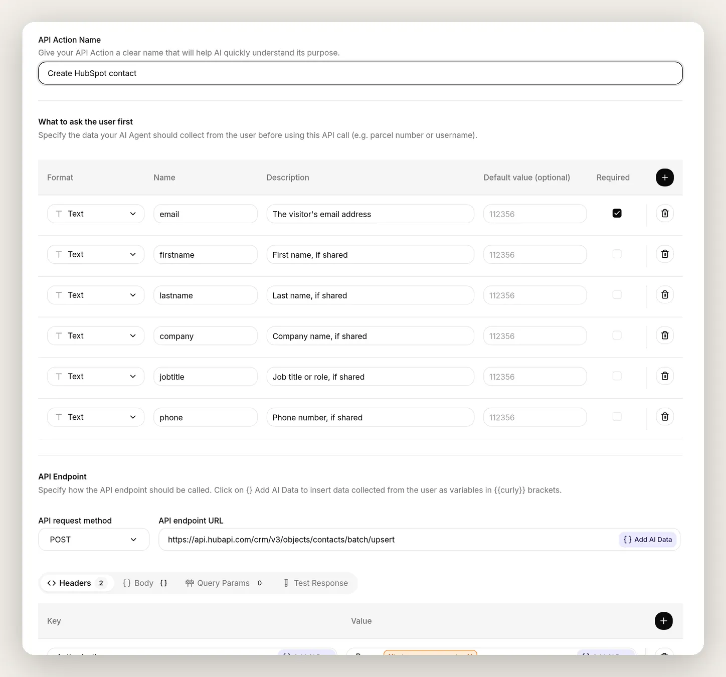 The Create HubSpot contact action editor, showing the action name, the parameters to collect, the POST endpoint, and the Authorization header with the hubspot_access_token System Token highlighted