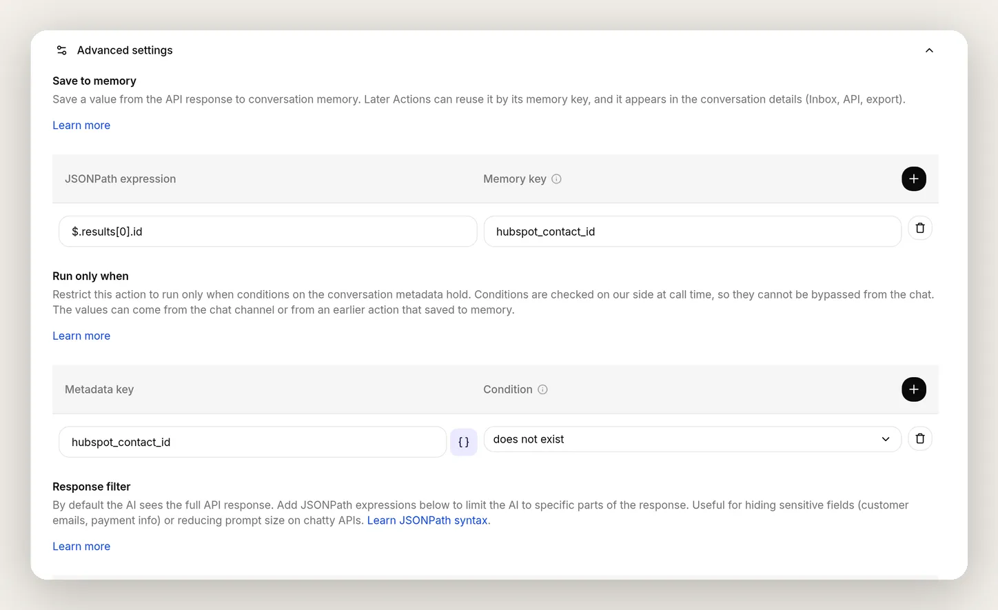 The Create HubSpot contact action's Advanced settings: a Save to memory row capturing results[0].id to hubspot_contact_id, a Run only when condition that runs the action only when hubspot_contact_id does not exist, and a Response filter that hides the response