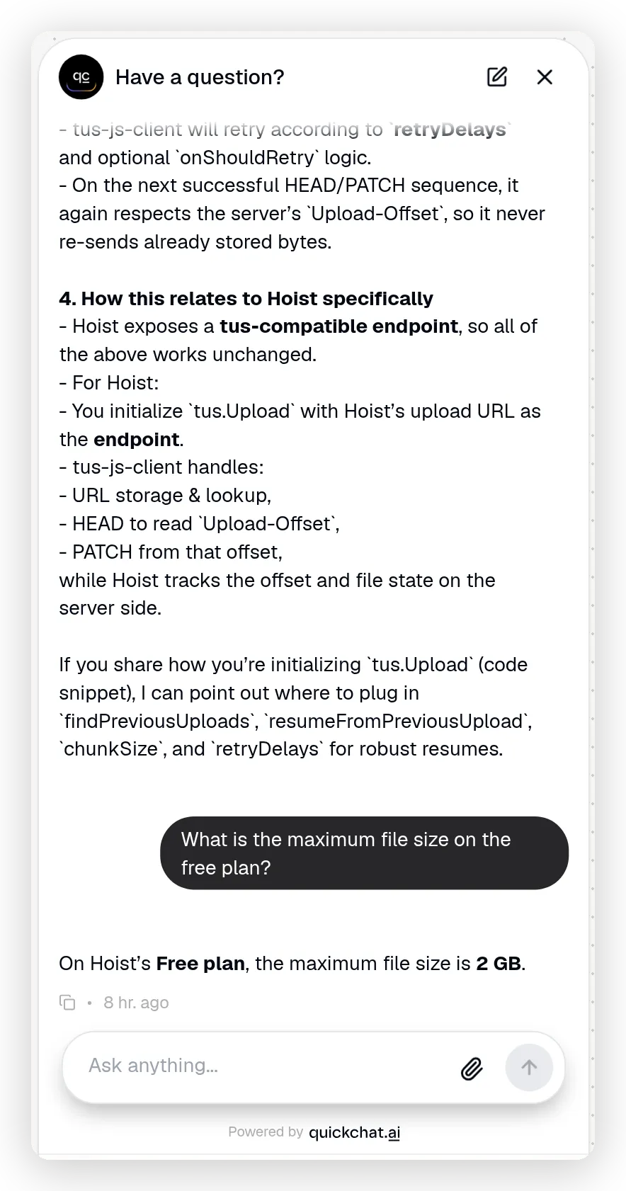 The Agent explaining tus-js-client's resume behavior and relating it to Hoist