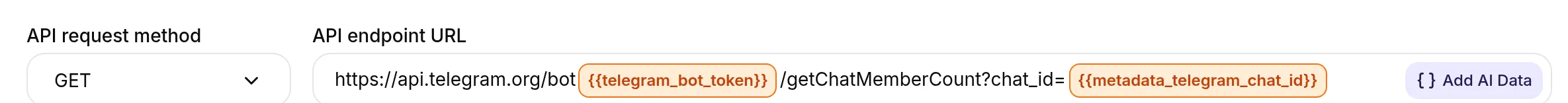 The bot token written as a telegram_bot_token system-token badge inside an action's endpoint URL, next to a metadata_telegram_chat_id badge