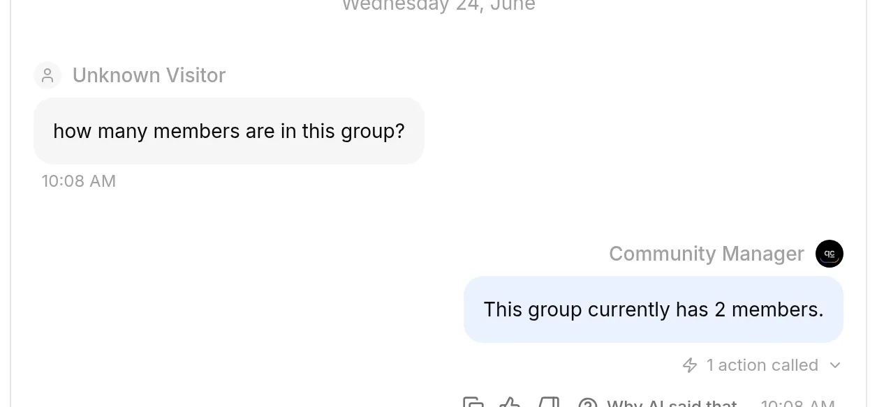 A conversation in the Inbox where the user asks how many members are in the group and the Community Manager Agent replies that the group currently has 2 members, with a one-action-called marker under the reply