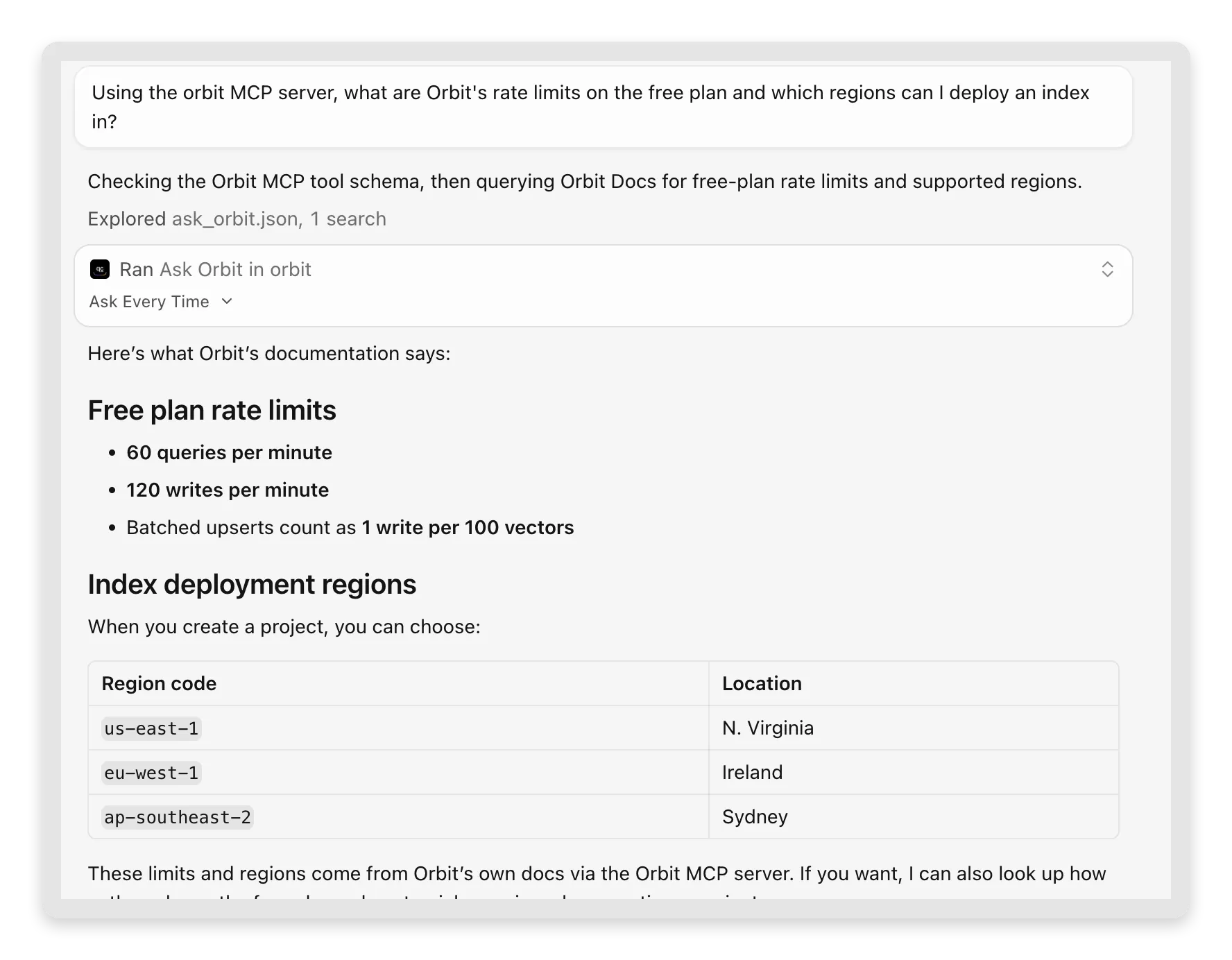 A Cursor Agent conversation where Cursor runs the Ask Orbit tool and answers with Orbit's free-plan rate limits and a table of deployment regions from the knowledge base
