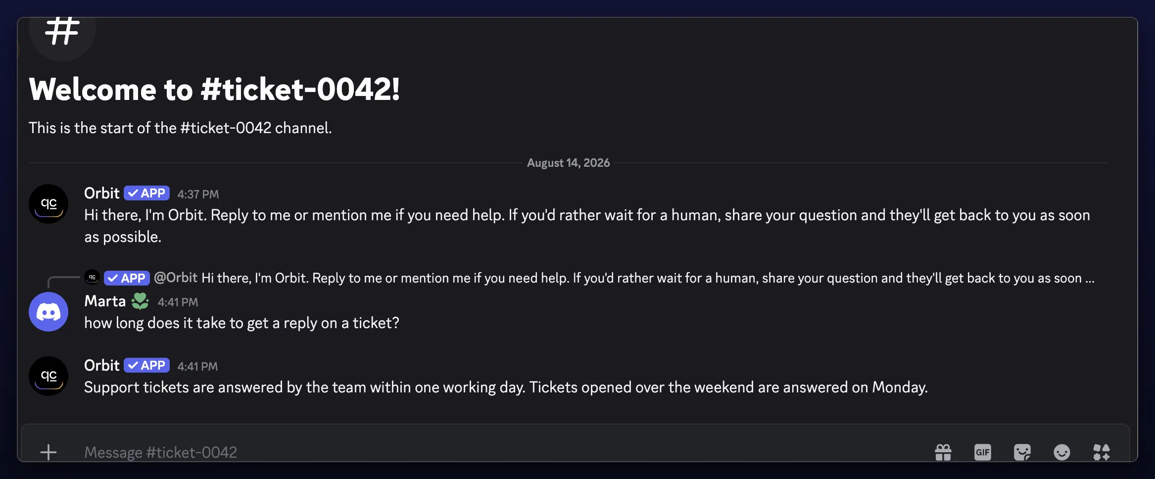 The member replying to the greeting in the ticket channel and Orbit answering from the knowledge base