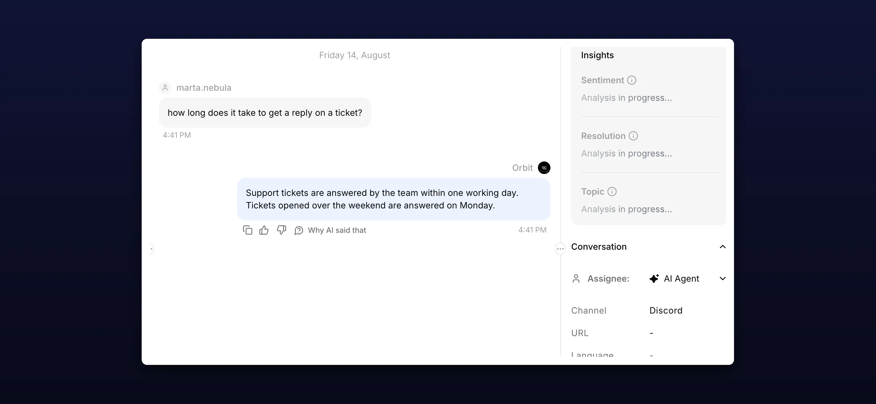 The same exchange in the Quickchat AI Inbox, showing Discord as the channel