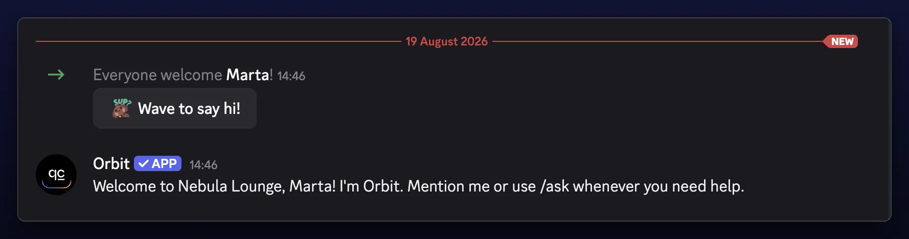 The #welcome channel: Discord announces that Marta joined, and two seconds later Orbit posts the welcome message addressing her by name