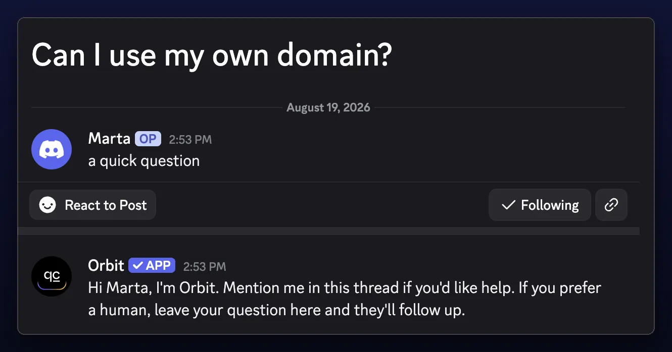 A new forum post titled "Can I use my own domain?" with Orbit's greeting posted underneath it, addressing the person who opened it
