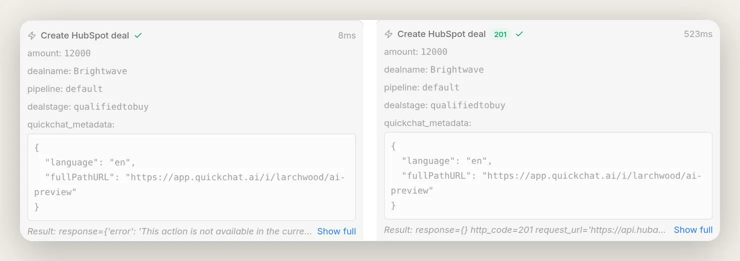 Two action-call cards from the qualified-lead conversation: on the left Create HubSpot deal refused by its run-condition with an error result, on the right the same deal retried and succeeding with status 201