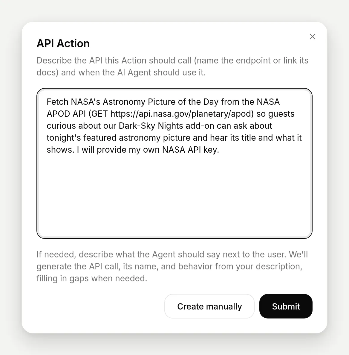 The API Action dialog with the NASA sentence typed in