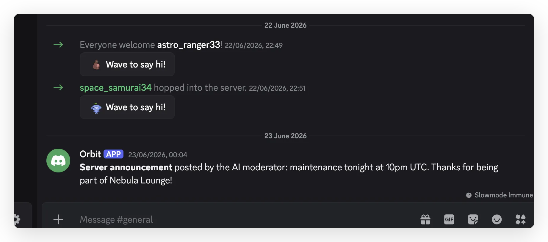 The announcement the Agent posted to the Discord channel