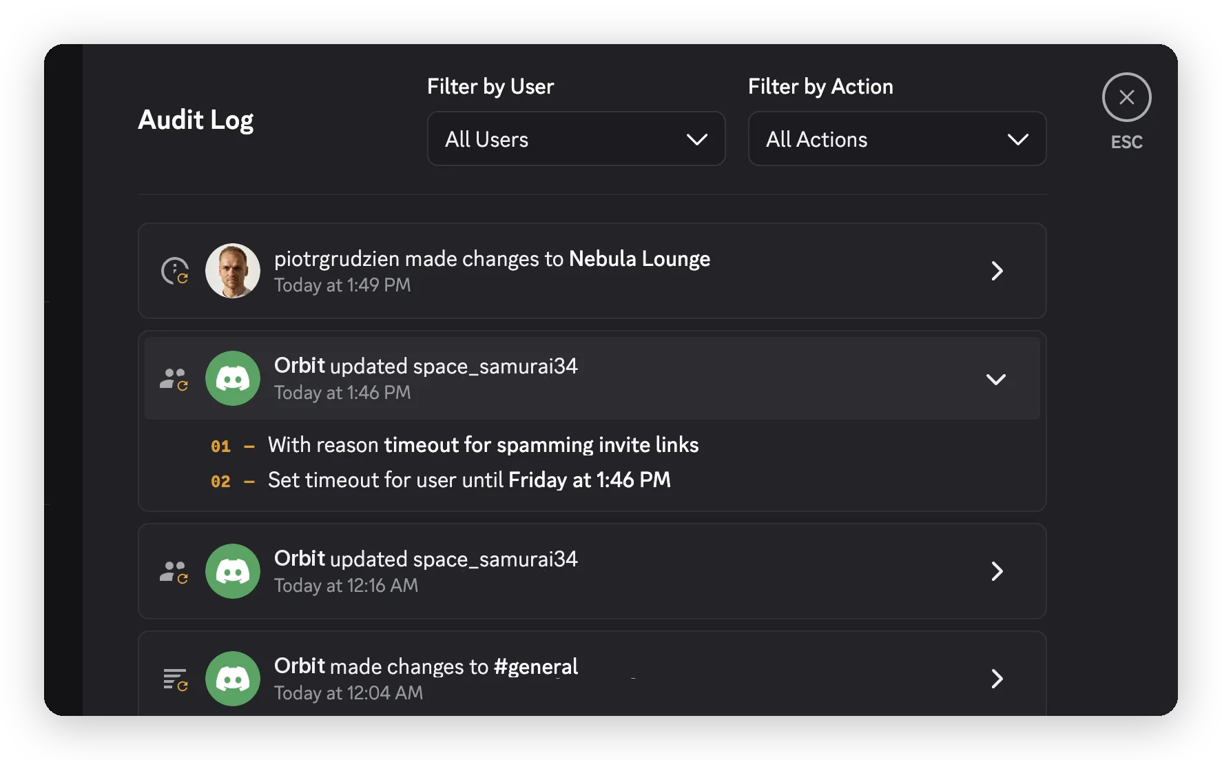 The Discord audit log showing the bot's moderation actions, each with its reason
