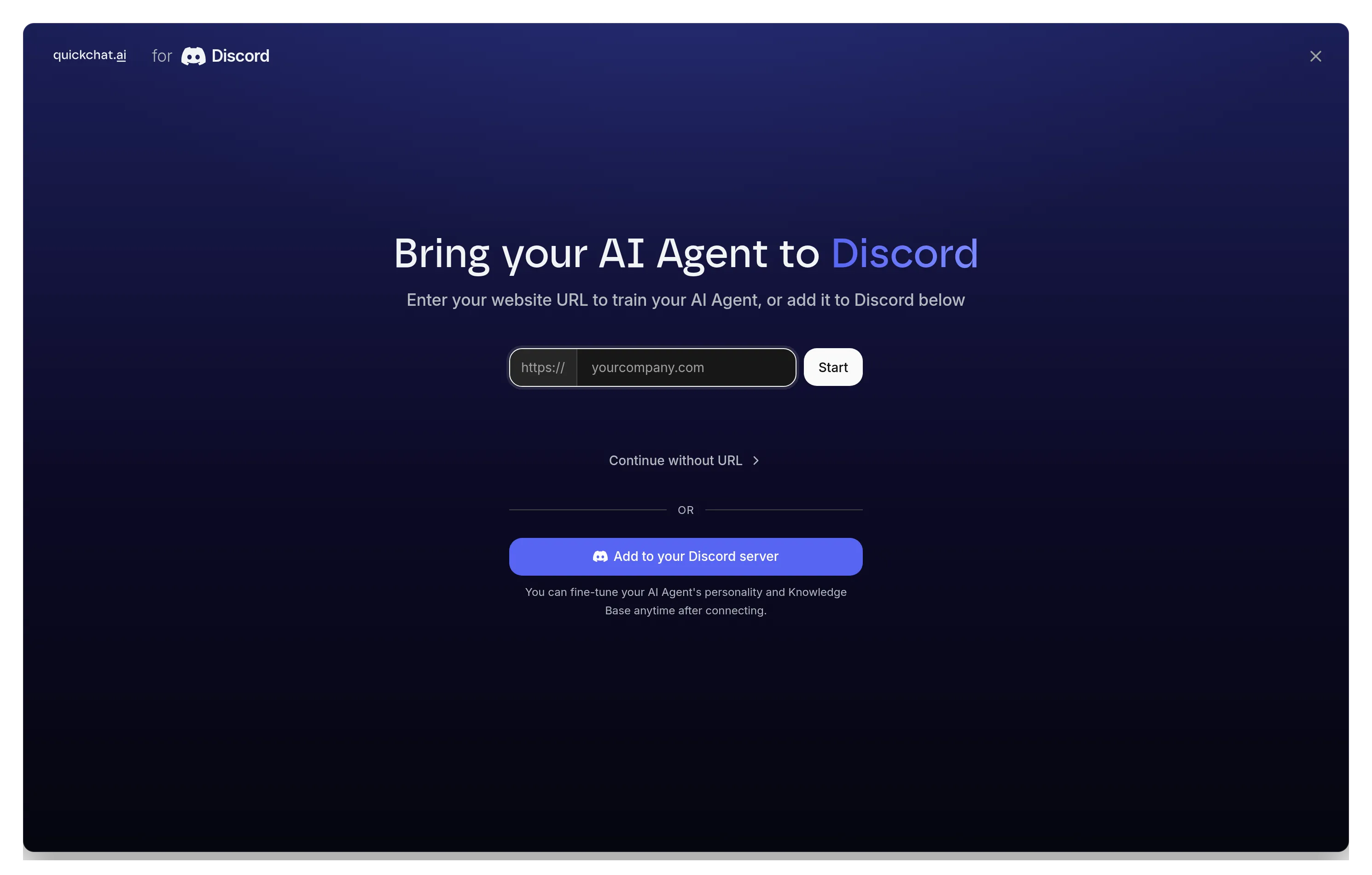 The Discord-branded onboarding screen shown to new Quickchat AI signups