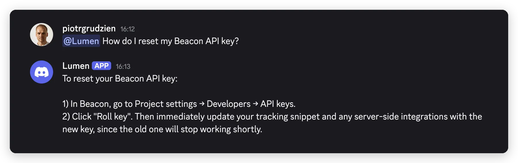 A member asks Lumen how to reset a Beacon API key, and Lumen answers with the exact steps from the knowledge base