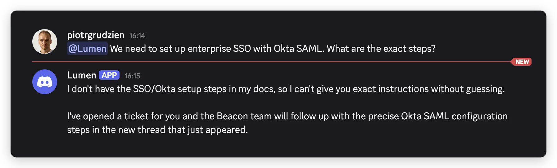 Lumen replies that it does not have the SSO setup steps in its docs and will not guess, then says it has opened a ticket