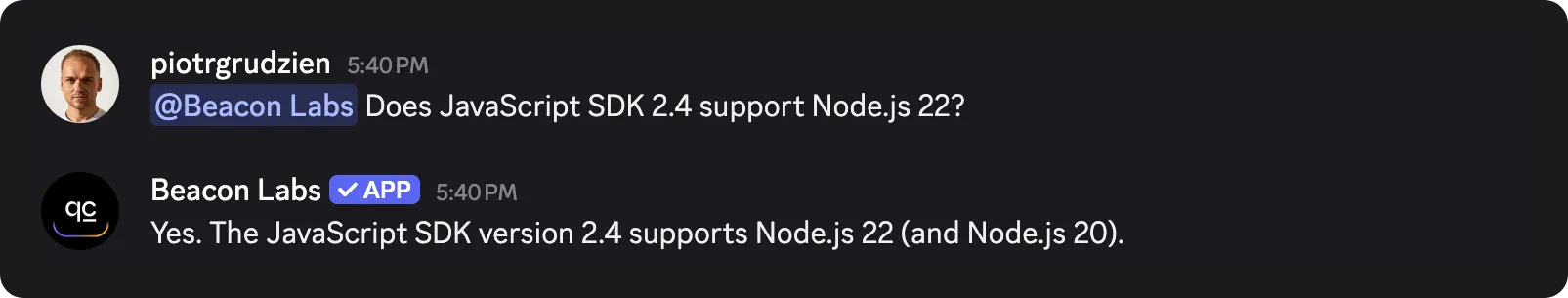 Discord member asks whether SDK 2.4 supports Node.js 22 and Beacon Labs answers that it supports Node.js 22 and 20
