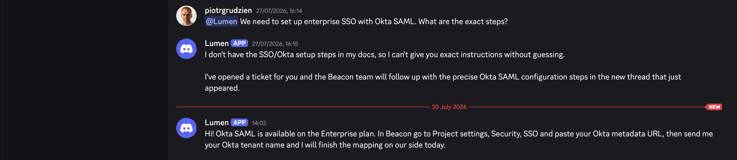 In #ask-beacon the Agent says it does not have the SSO steps and has opened a ticket, and below the date divider a human answer arrives with the real Enterprise plan instructions