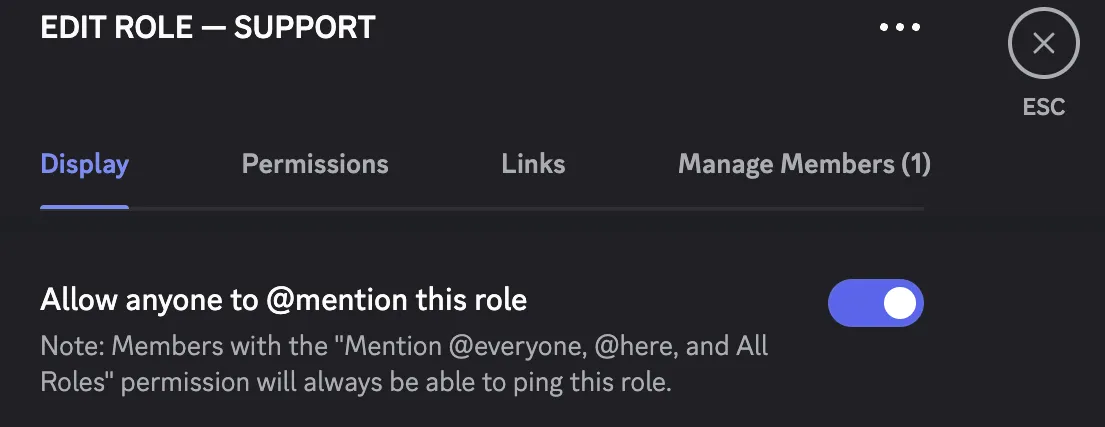 The Discord role settings for the support role, with the Allow anyone to @mention this role toggle switched on