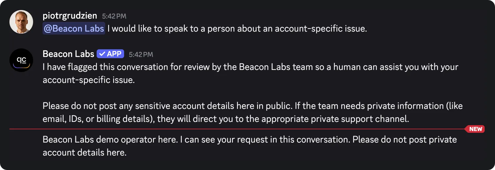 Discord showing the human request, bot handoff response and delivered staff message