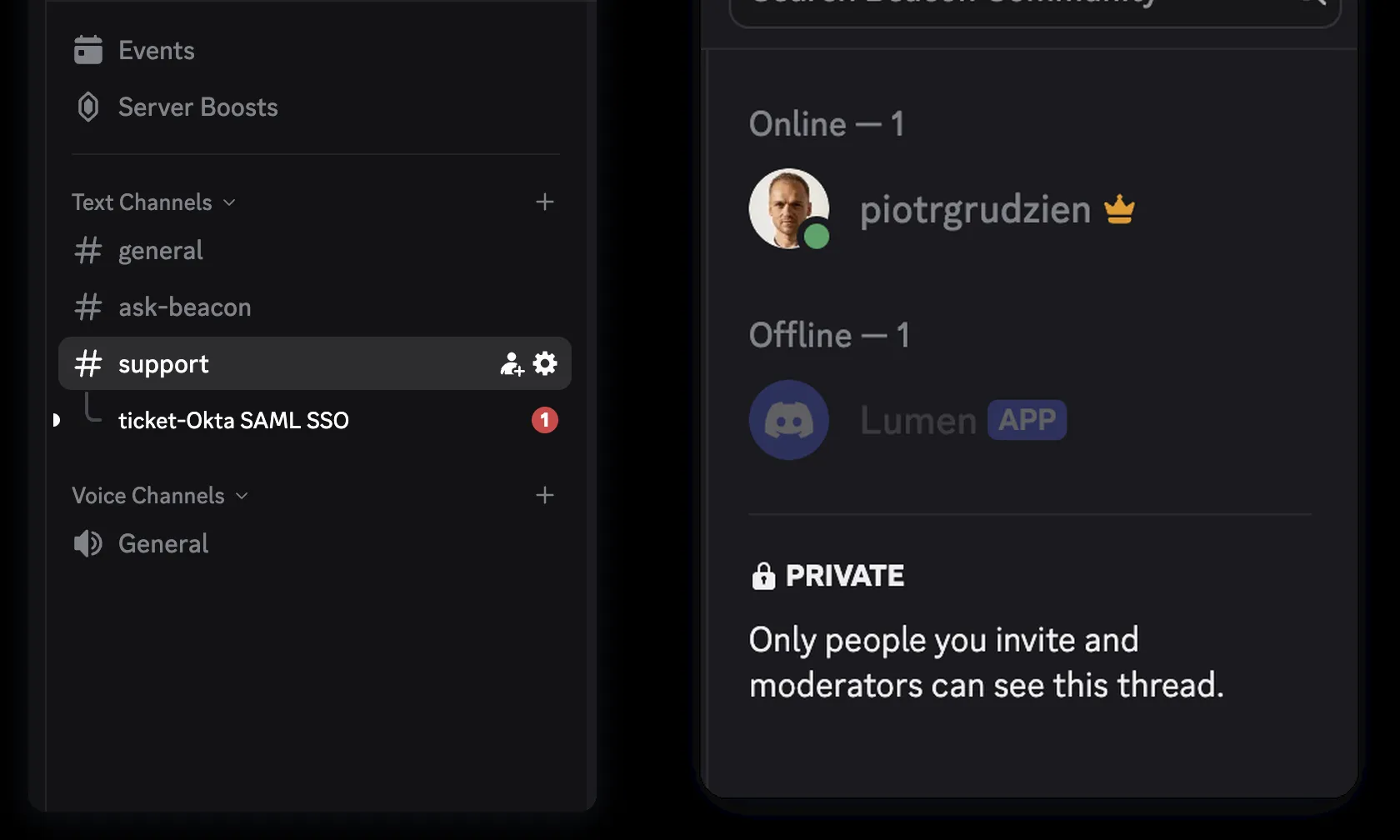 The ticket thread under the support channel with a member list showing only the customer and the Lumen bot, marked PRIVATE