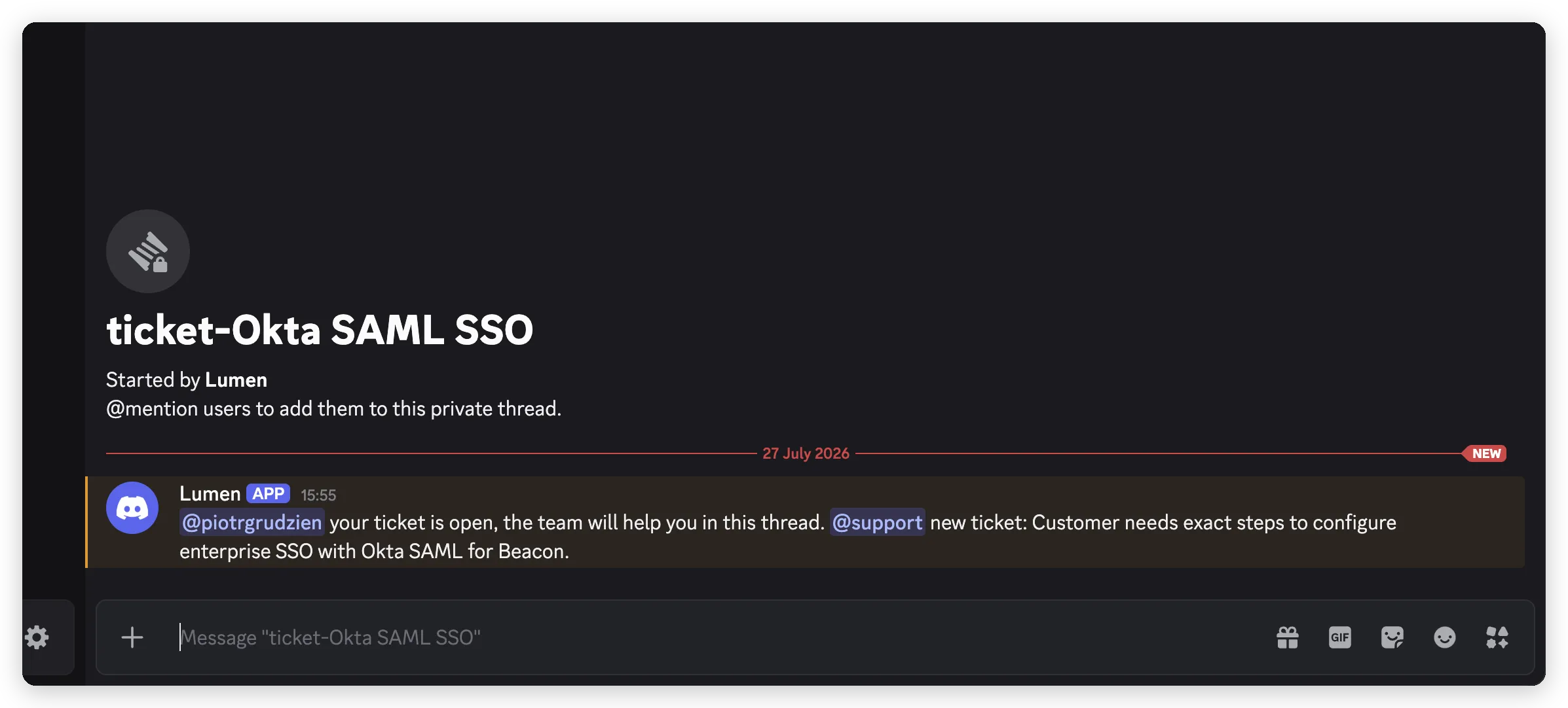 A private ticket thread named ticket-Okta SAML SSO where Lumen mentions the customer and pings the support role with a one-line summary