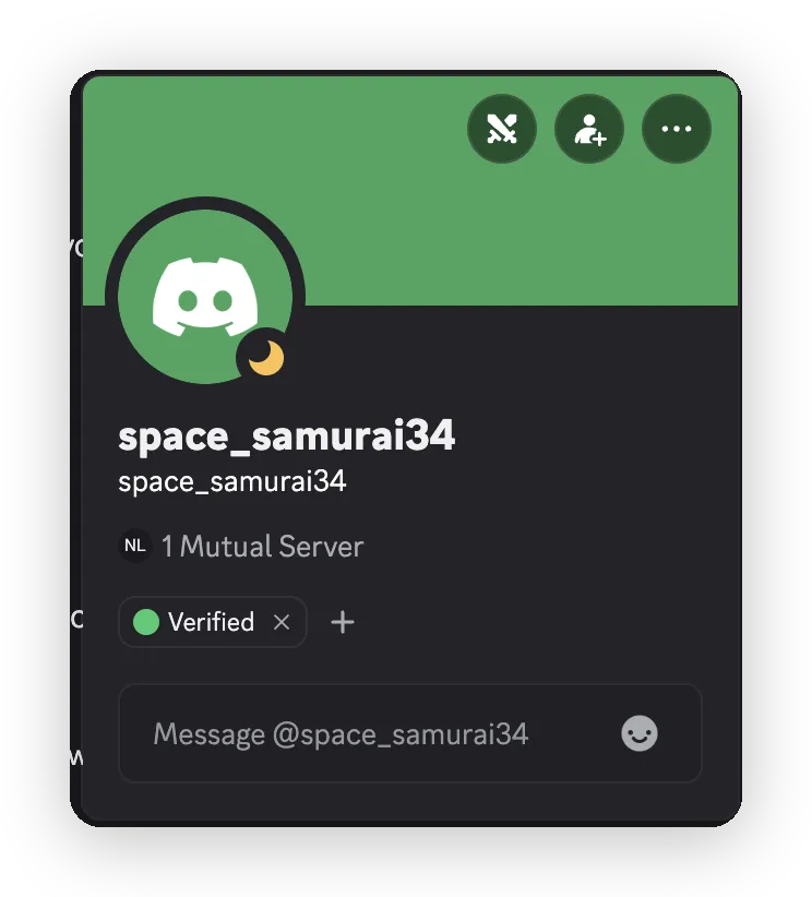 space_samurai34's Discord profile showing the Verified role