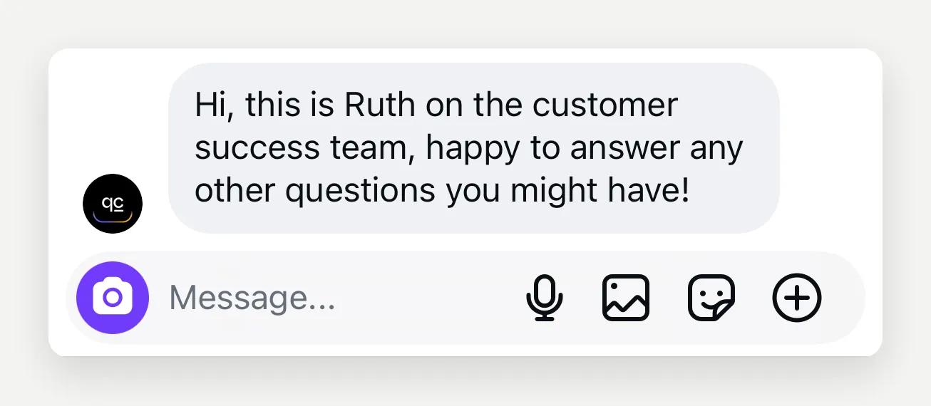An Instagram DM thread showing a human reply from Ruth on the customer success team arriving in the same conversation