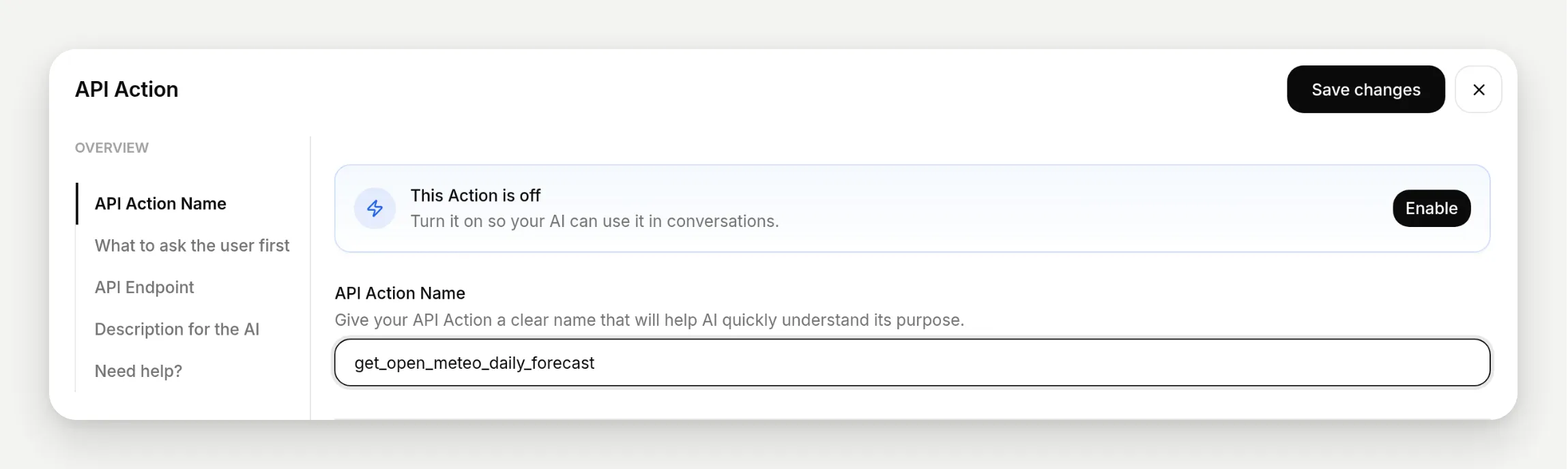 The editor banner saying this Action is off, with the Enable button