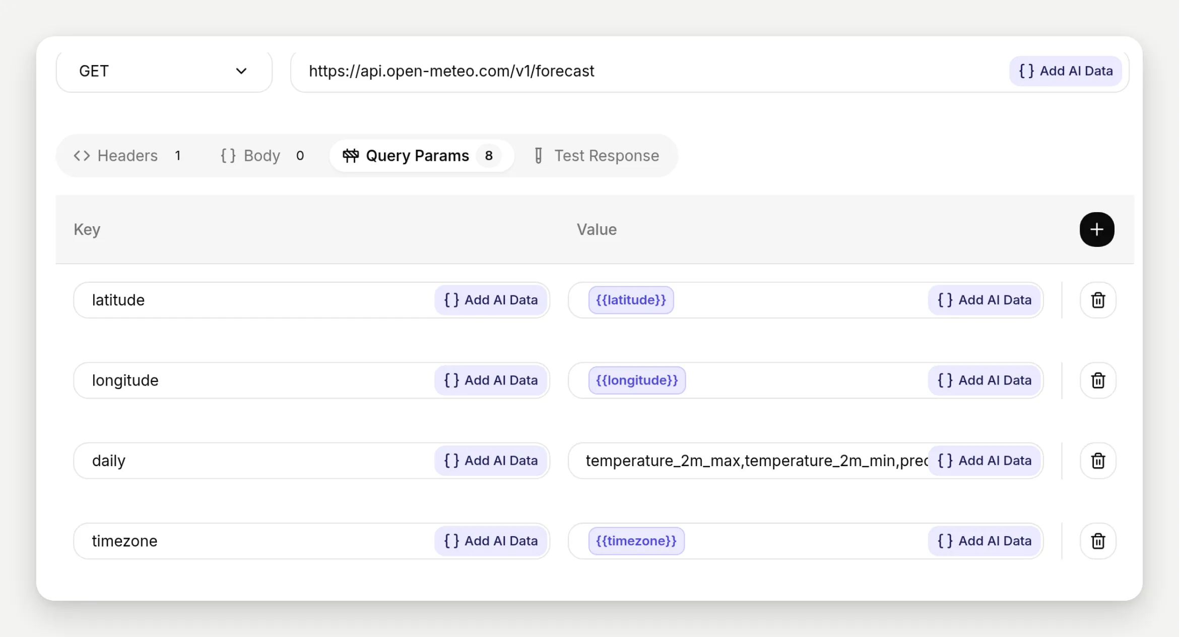 The API Endpoint section with the GET method, the URL, and query parameters mixing fixed values and parameter chips