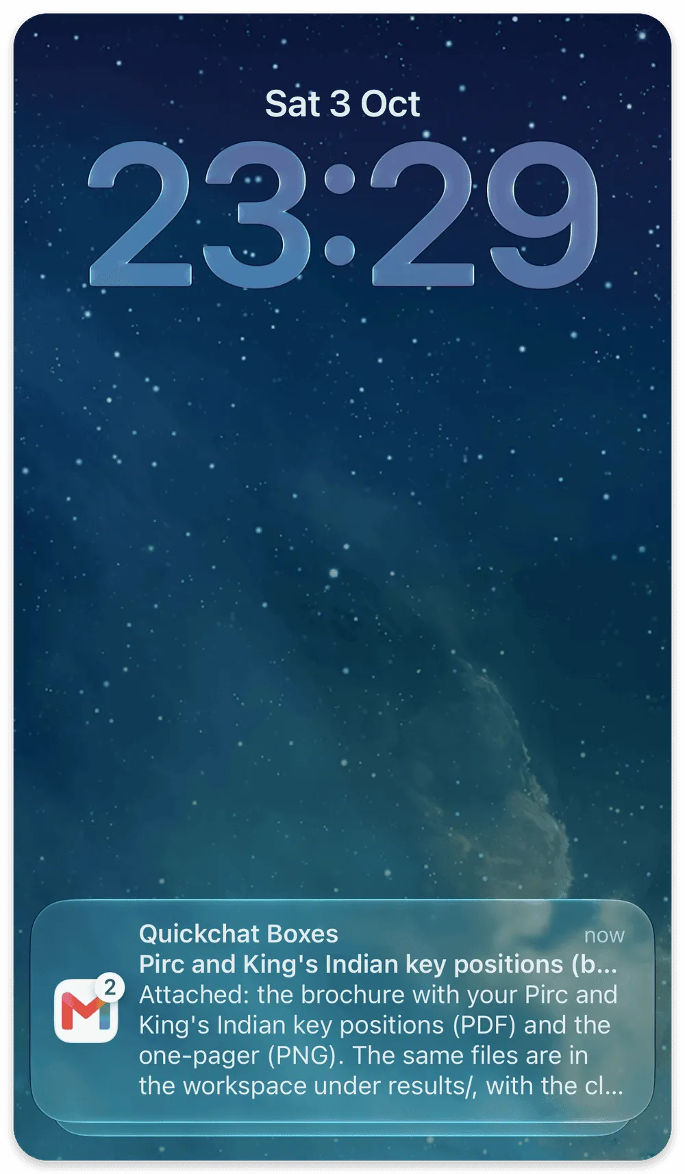 A phone lock screen showing Saturday 3 October, 23:29, and a mail notification announcing the brochure email with the PDF and the one-pager attached