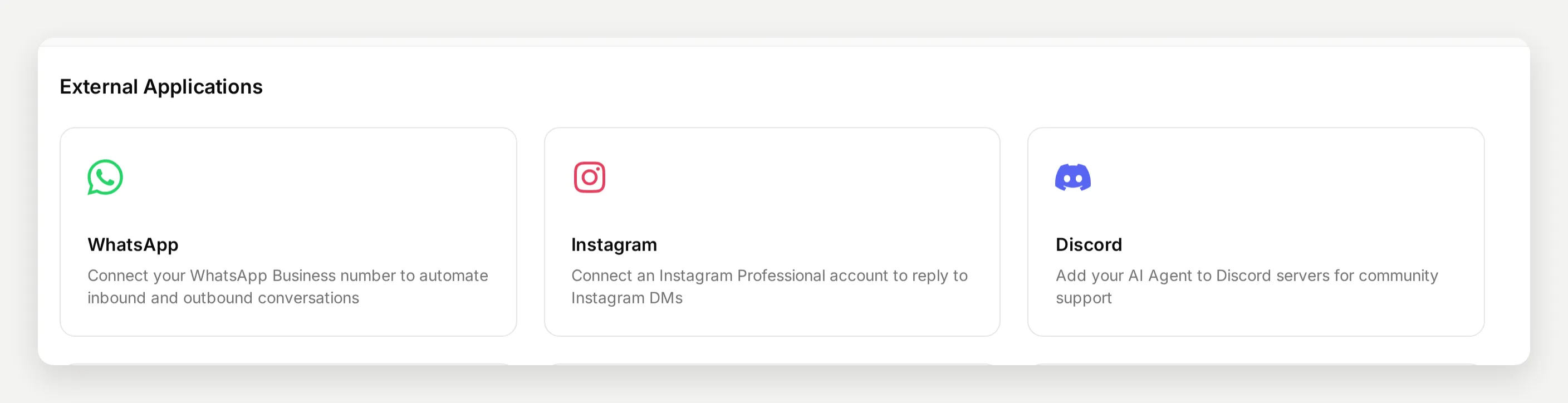 The External Applications page with the Instagram card between WhatsApp and Discord