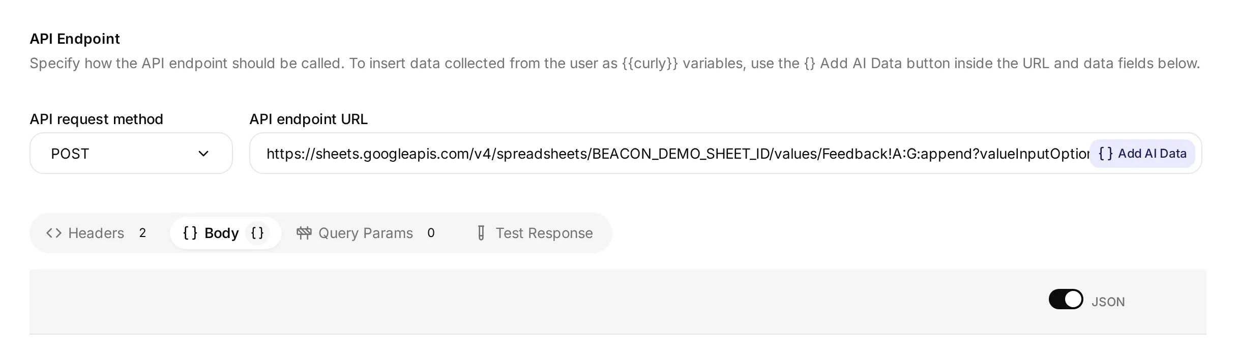 Feedback API Endpoint editor with POST, the Body tab selected, and JSON mode enabled