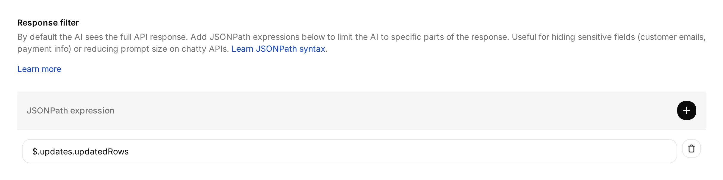 Response filter field containing the JSONPath expression $.updates.updatedRows