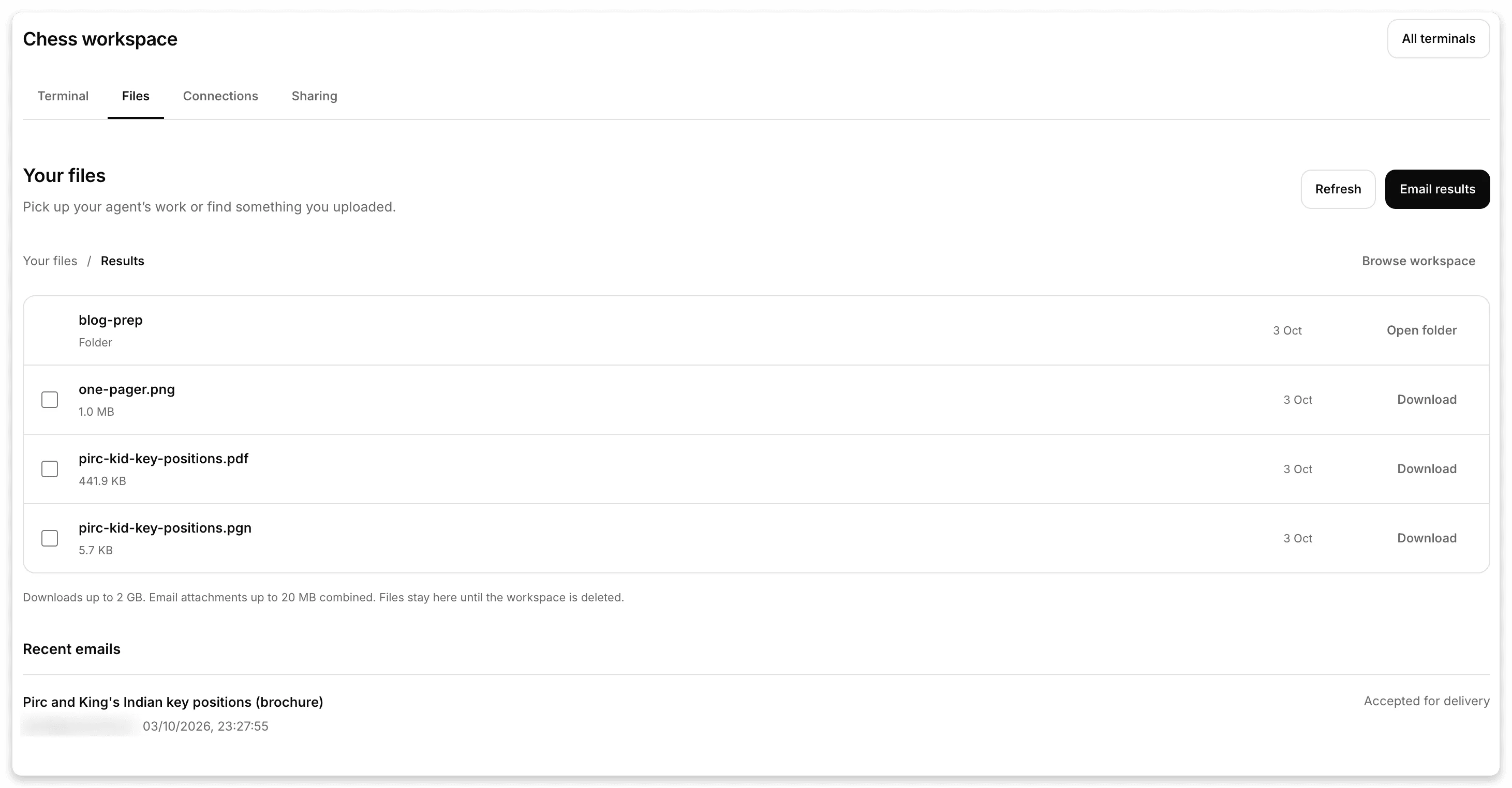 The browser window on the Files tab of the workspace: a results folder listing the one-pager image, the brochure PDF and the PGN with Download buttons, and below it a Recent emails entry marked Accepted for delivery, the address blurred