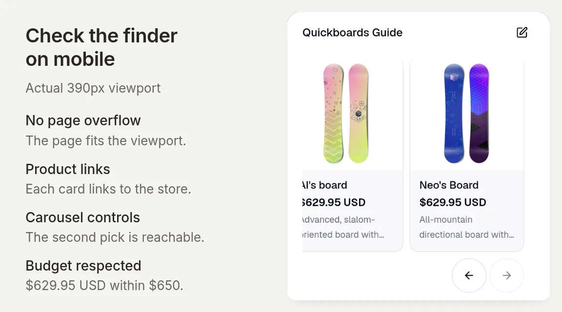 The real product finder at a 390-pixel mobile viewport, with product cards and a short launch checklist beside it