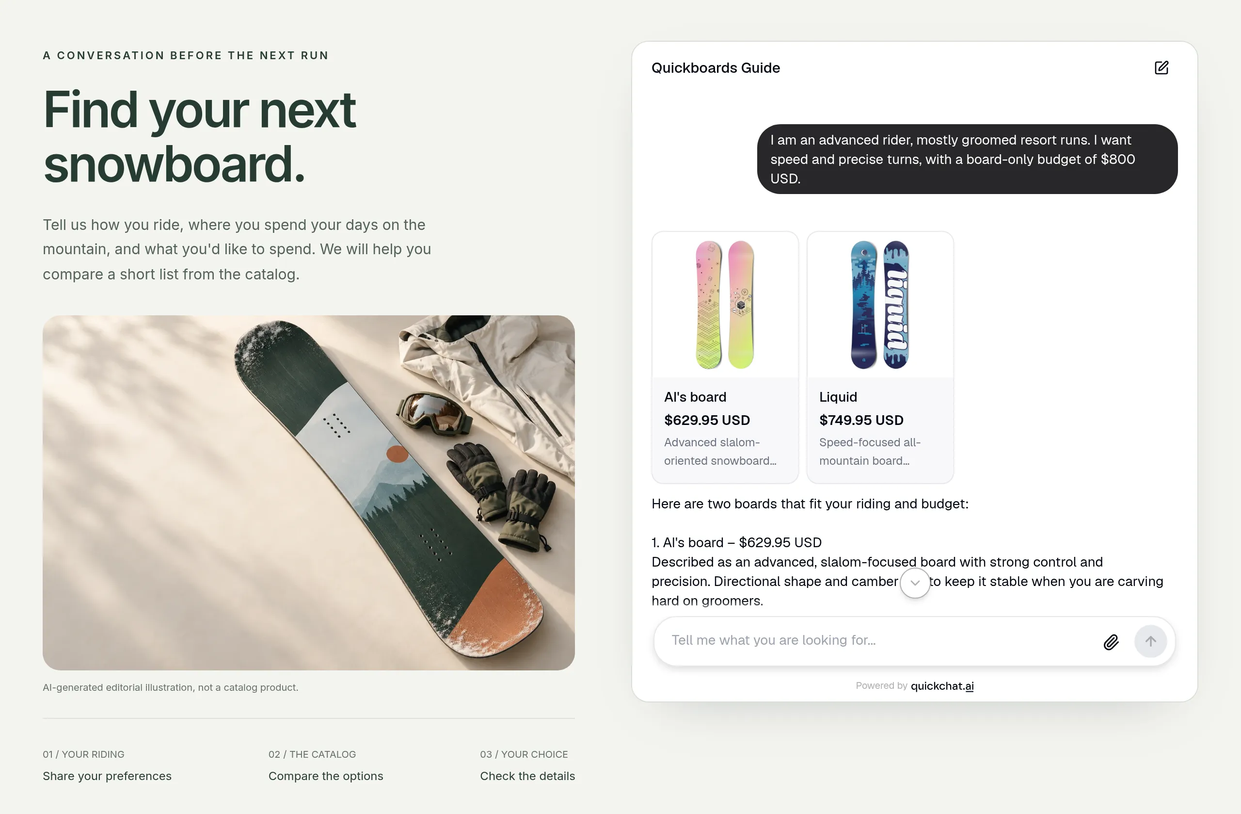 The Quickboards product-finder demo page, with snowboard artwork on the left and a real embedded shopping conversation on the right
