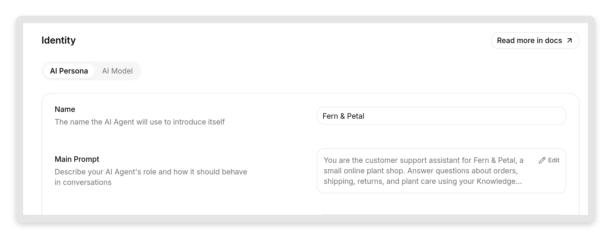 The Fern and Petal support agent on the Quickchat AI free plan, showing its display name and its AI Main Prompt, created for free with no code